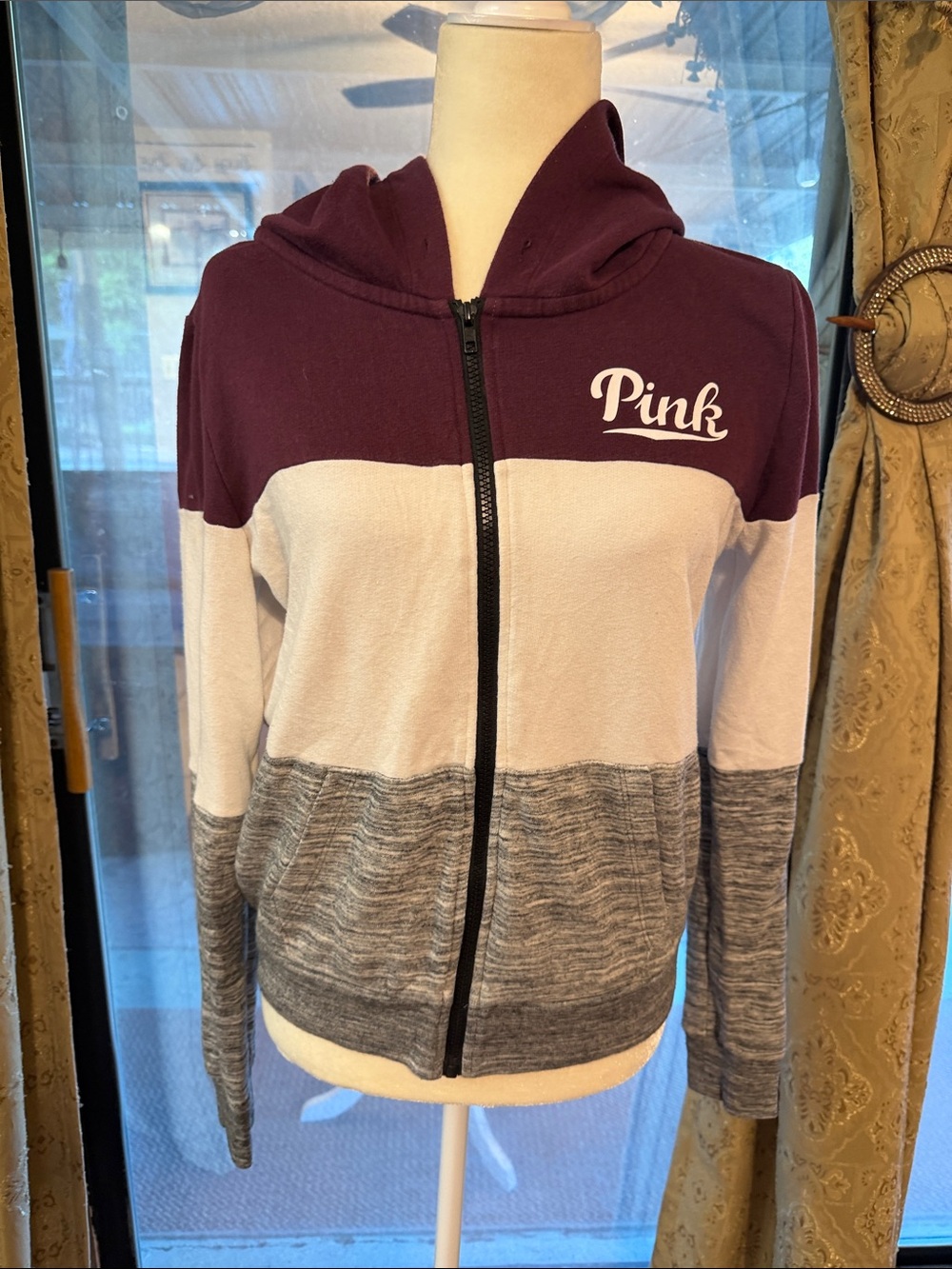 PINK Victoria's Secret Colorblock Zip-Up Hoodie in Plum, White & Gray